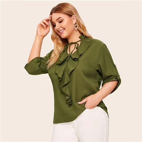 Sheinside Плюс Размер Повседневная армейская зеленая Кружевная блуза с v-образным вырезом Женская Осенняя блузка с закатанными рукавами женская блузка с оборками - Цвет: Армейский зеленый