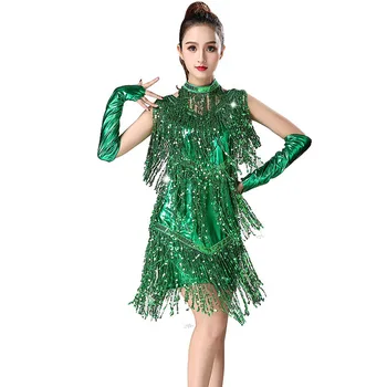

2pcs/set Flapper Adult Tassel Latin Dance Dress Sequin Tango Rumba Flamengo Ballroom Stage Performance Costume with Gloves