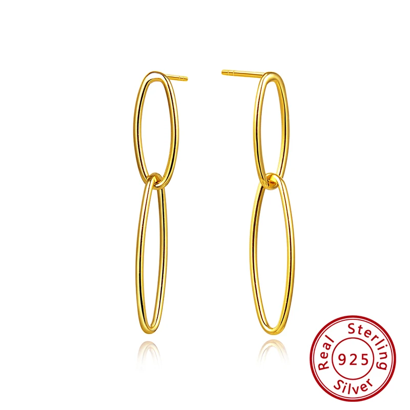 Gold Color ORSA JEWELS Твердые 925 длинные висячие серьги Новейшие Стерлингового Серебра простые геометрические овальные висячие серьги женские ювелирные изделия SE184 - Цвет камня: Gold Color