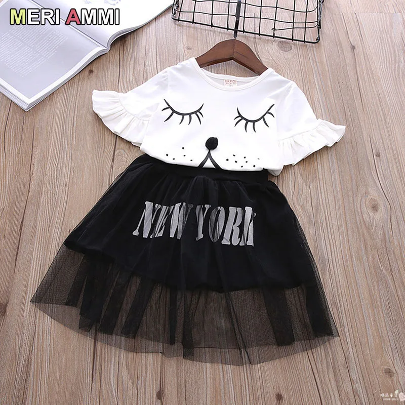 

MERI AMMI 2 pcs Set Children Girl Clothing Outfit Set Short Floral Tee +TuTu Skirts For 2-7 Year Girl