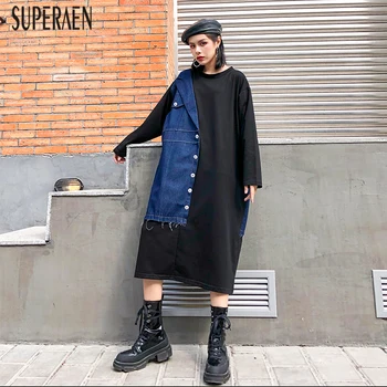 

SuperAen 2020 New Europe Women Dress Spring Pluz Size Cotton Fashion Casual Ladies Dress Long-sleeved Denim Stitching Dresses