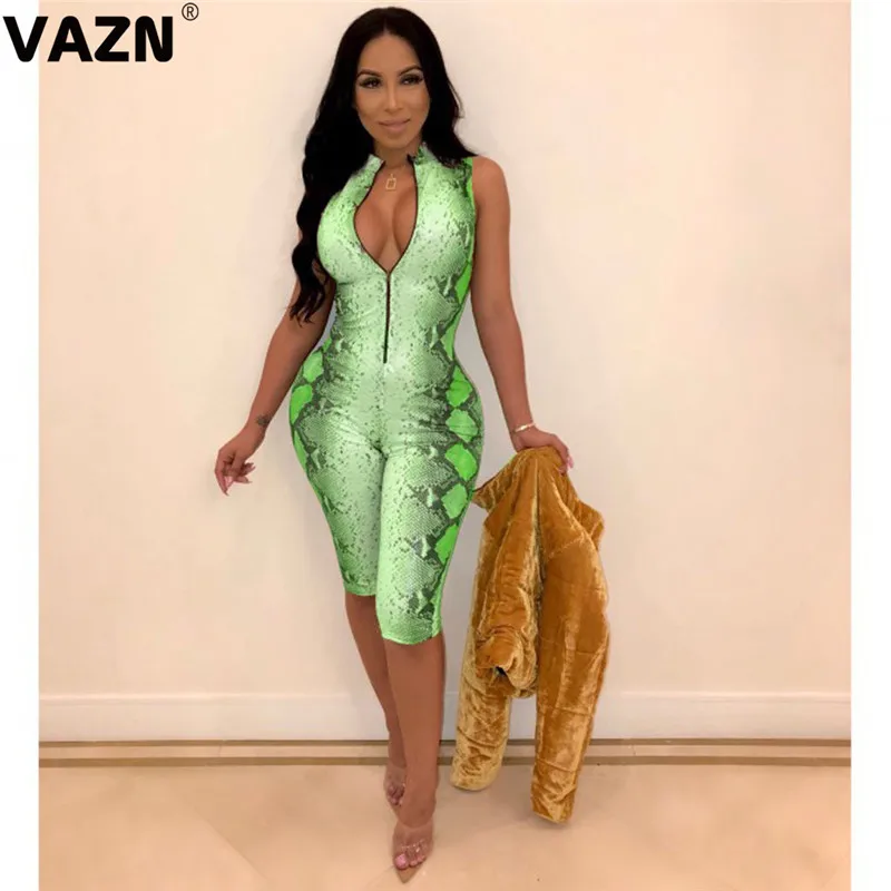 VAZN GML17166 new Design print bandage lady jumpsuit sleeveless short pant playsuits v-neck sexy club bandage wind rompers - Цвет: Зеленый