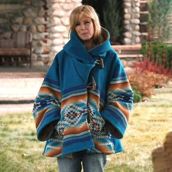 

Women Winter Coat Jacket Warm Woollen Overcoat With Horn Buckle Printed Hooded Vintage Jackets Ethnic Style Coat Outwear