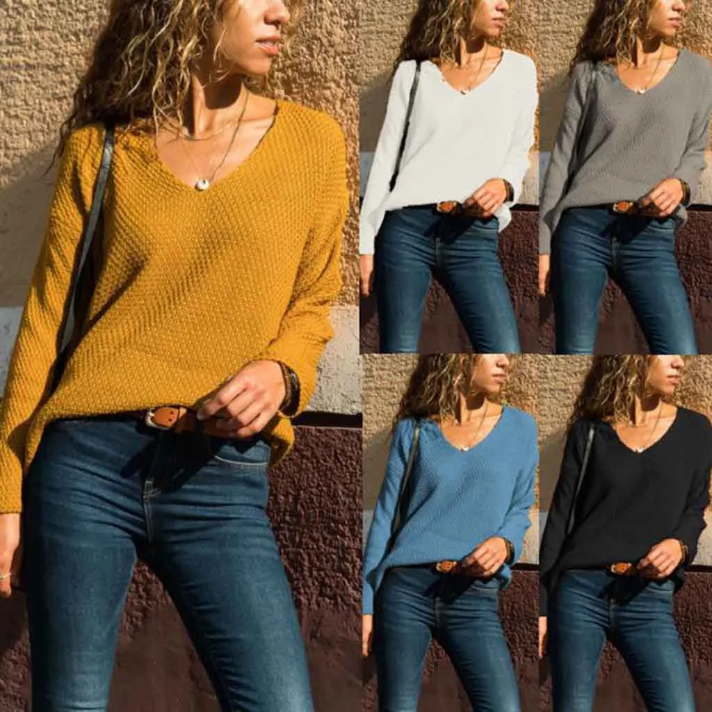 Jaycosin Fashion Casual Lady Long Sleeve V-neck Sweater Stylish Comfortable Soft Solid Color Knitting Slim Blouse Sweater Tops