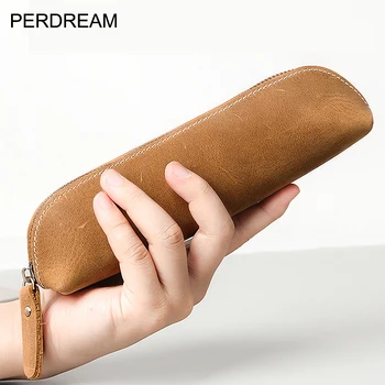 

Change bag first layer cowhide storage bag leather stationery pen leather case glasses bag crazy horse leather zipper pen bag