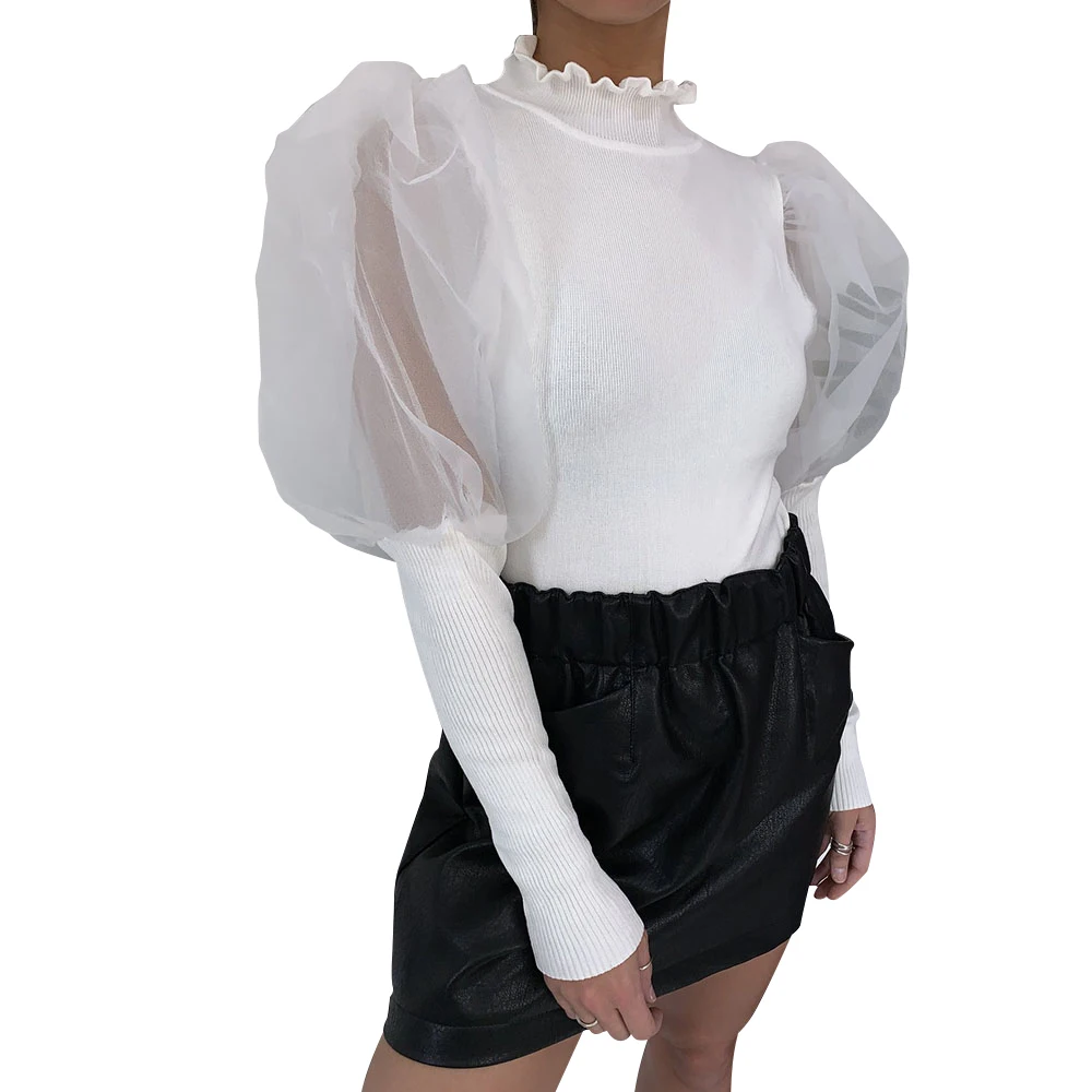 Рубашка с пышными рукавами, женская сексуальная прозрачная сетчатая блузка, осень, модные женские Топы с длинным рукавом, вязаные рубашки для девочек D35