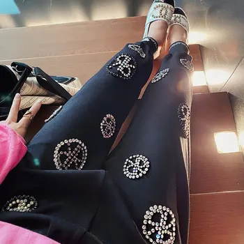

2020 Summer Autumn Pant Rhinestone Stitching High Waist Casual Pants Women Loose Pant Elastic Waist Black Trousers Women Fashion