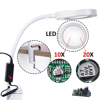 

220V Crafts Glass Lens LED Desk Magnifier Lamp Light 10X 20X Magnifying Desktop Loupe Repairing Tools with LEDs Stand