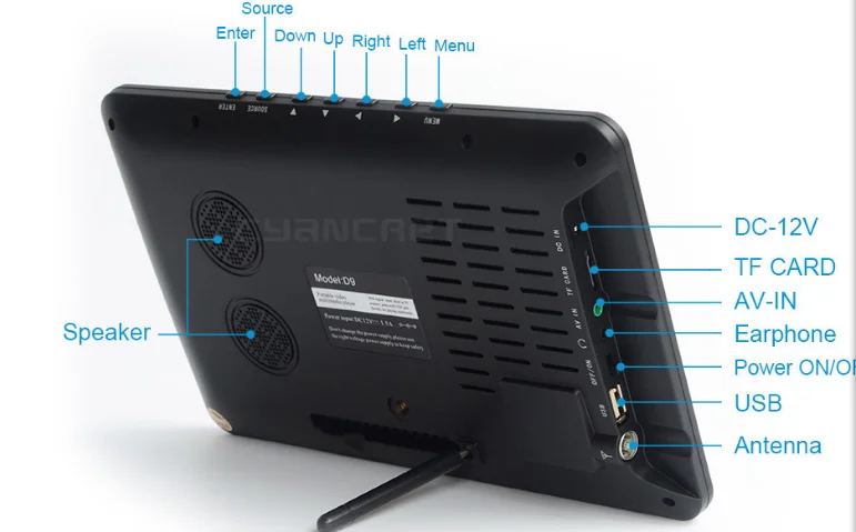 9'' inch television DVBT2 ATSC car digital TV supports H.265 radio U disk mini Tv