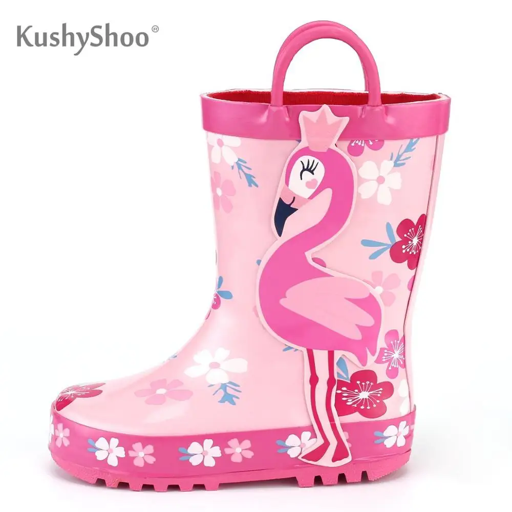 KushyShoo/детские резиновые сапоги; уличные водонепроницаемые резиновые сапоги с 3D принтом Фламинго; Детские Водонепроницаемые Сапоги для малышей; Kalosze Dla Dzieci - Цвет: Розовый