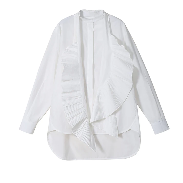Осенняя однотонная женская блузка, белая рубашка с длинным рукавом, плиссированные оборки,, Корейская женская мода, женская рубашка, сорочка, femme 5416