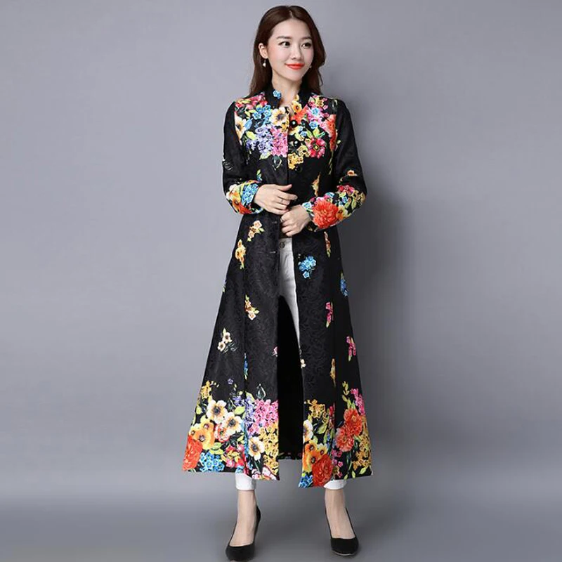 Винтажный тонкий кардиган с вышивкой размера плюс, женское осеннее зимнее длинное пальто, традиционный китайский Тренч в стиле ретро, верхняя одежда