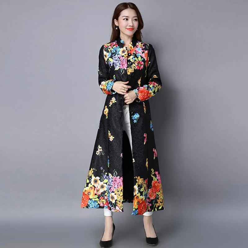 wonderful  Vintage Print Slim Embroidery Plus Size Cardigan Women Autumn Winter Long Coat Retro Traditional Ch