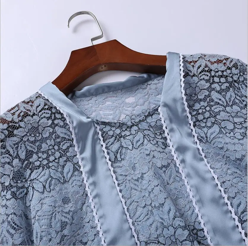 Blusas Mujer De Moda осень Для женщин рубашка в Корейском стиле Модные Костюмы, женские туфли с бантом верхняя одежда голубого цвета кружевная блузка, женские рубашки Feminina