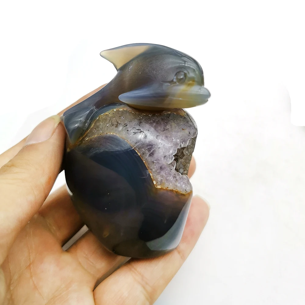 188 г натуральный агат Geode Дельфин Drusy фигурка животного ручной резной кварцевый кристалл статуя целебный кристалл украшение дома подарок