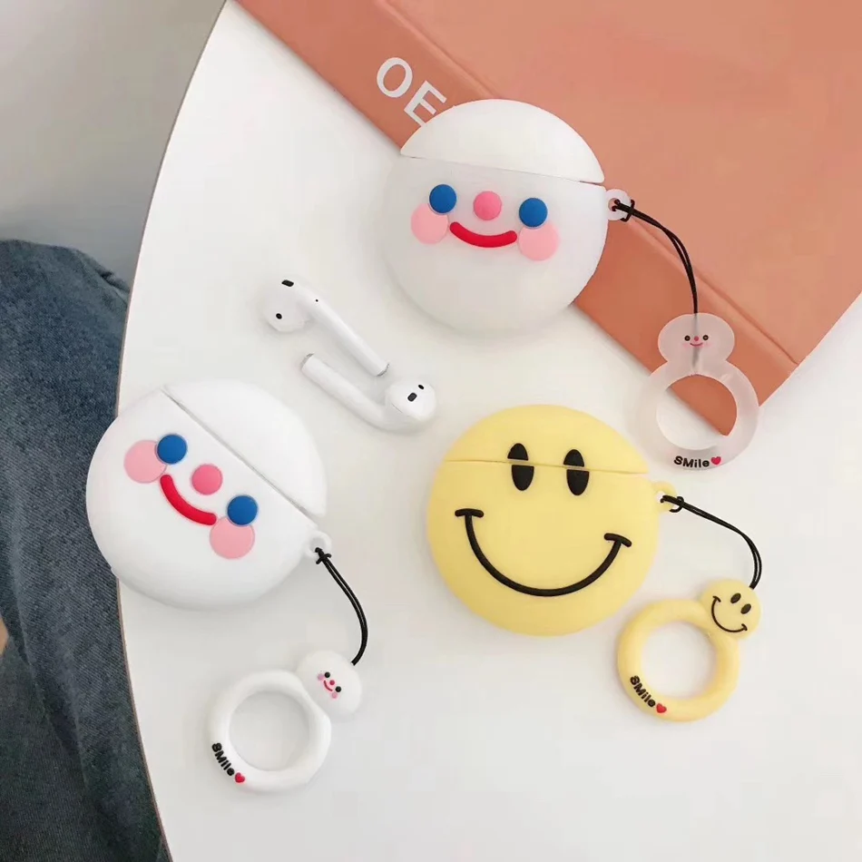 

3D Cute Smile Cartoon Cover For Airpods 2 Case Silicone Earphone Case For Apple Air pods Case Headphone Earbuds Case Ring Strap