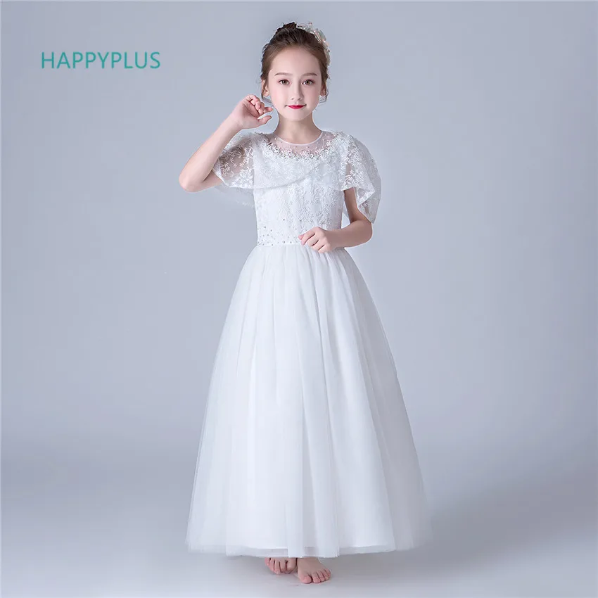 HAPPYPLUS/белые детские платья макси для девочек с накидкой; платье с цветочным рисунком для девочек; платье для свадебной вечеринки; торжественное платье для карнавала, дня рождения; вечерние платья
