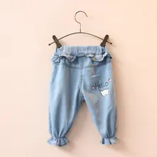 Korean-style Girls Super Soft Flounced Piggy Printed Bouquet Feet Knee-length Denim Shorts Capri Pants Crawler