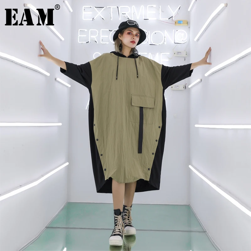 

[EAM] 2019 spring autumn high qualit hooded collar long sleeve hit colors loose big size vintage dress women 1A199