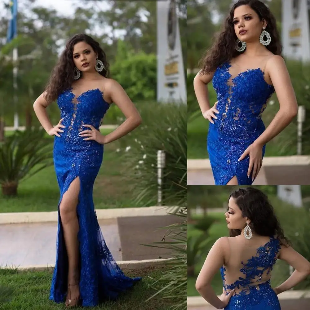 Royal Blue Изумительного размера плюс, кружевное вечернее платье, синее, с прозрачным вырезом, сексуальное, с высоким разрезом, выпускное платье, арабское праздничное платье, robe de soiree - Цвет: Royal Blue