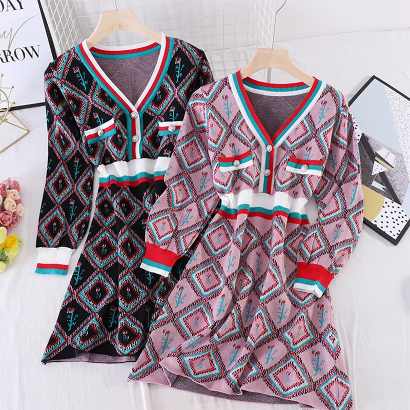 

Winter Knitted Dress Women 2020 Winter Ethnic Style V Neck Buttons Three Quarter Sleeve Plaid Dress Sheath Winter Knitwear