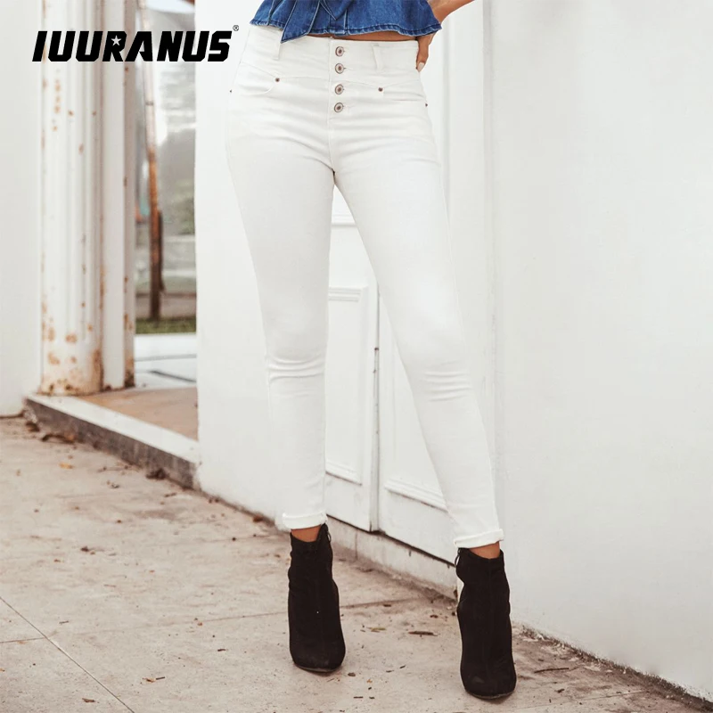 

IUURANUS white Skinny Pencil Pants Elegant Women Autumn Trousers High Street Solid High Waist Pants with button