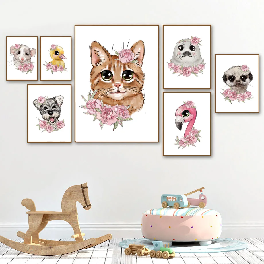 Flamingo Elephant Fox Duck Dog Flower Nursery Wall Art Canvas Painting Nordic Posters And Prints Wall Pictures Kids Room Decor