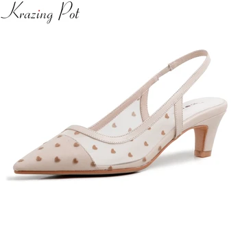 

Krazing Pot 2020 air mesh sweet brand high heels slip on women pumps office lady slingback dot pot sexy spring shallow shoes L19