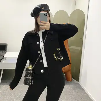 

2020 New Black Women Knitted Short Sweater Coat Ladies Letters Smiley Embroideried Single-breasted Cardigan Female Outwear Top