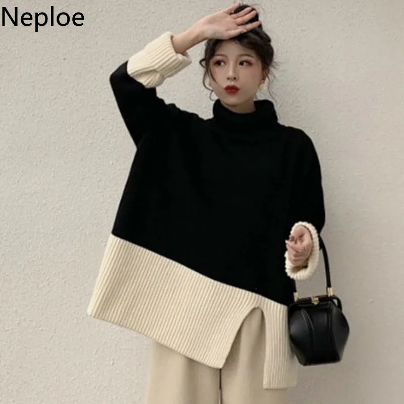 Теплый вязаный свитер Neploe с высоким воротником и длинным рукавом контрастные