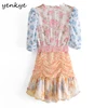 YENKYE Multicolor Patchwork Floral Print Dress Women  Sexy V Neck Short Sleeve Sashes  Holiday Summer Dress Asymmetric Mini Robe ► Photo 2/6