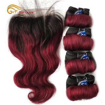 Loose Wave Bundles With Closure Short Human Hair Extension Indian Hair 4 Bundles With Closure 4*4 Lace Closure For Women 1