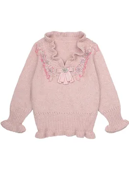 

2020 New Design Women V Neck Fashion Pink Sweaters Retro Ruffled Appliques Beading Knit Pullovers Tops Female Sweater Jumpers