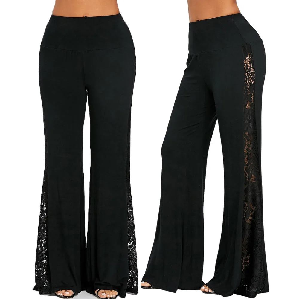 pants for women Fashion Womens High Waist Lace Insert Wide Leg Pants Leggings Loose Trousers Long Bell-bottoms elastic pants
