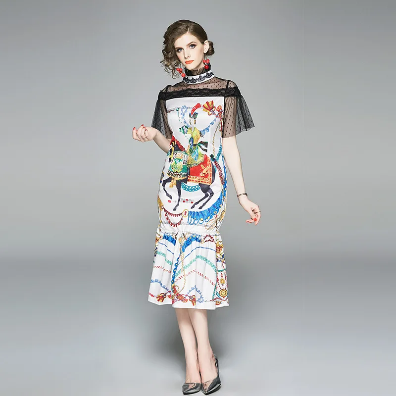 

Ozhouzhan New Products 2019 Summer WOMEN'S Dress Printed Fishtail Long Skirts WOMEN'S Dress Stand Collar Lace Splicing Dress