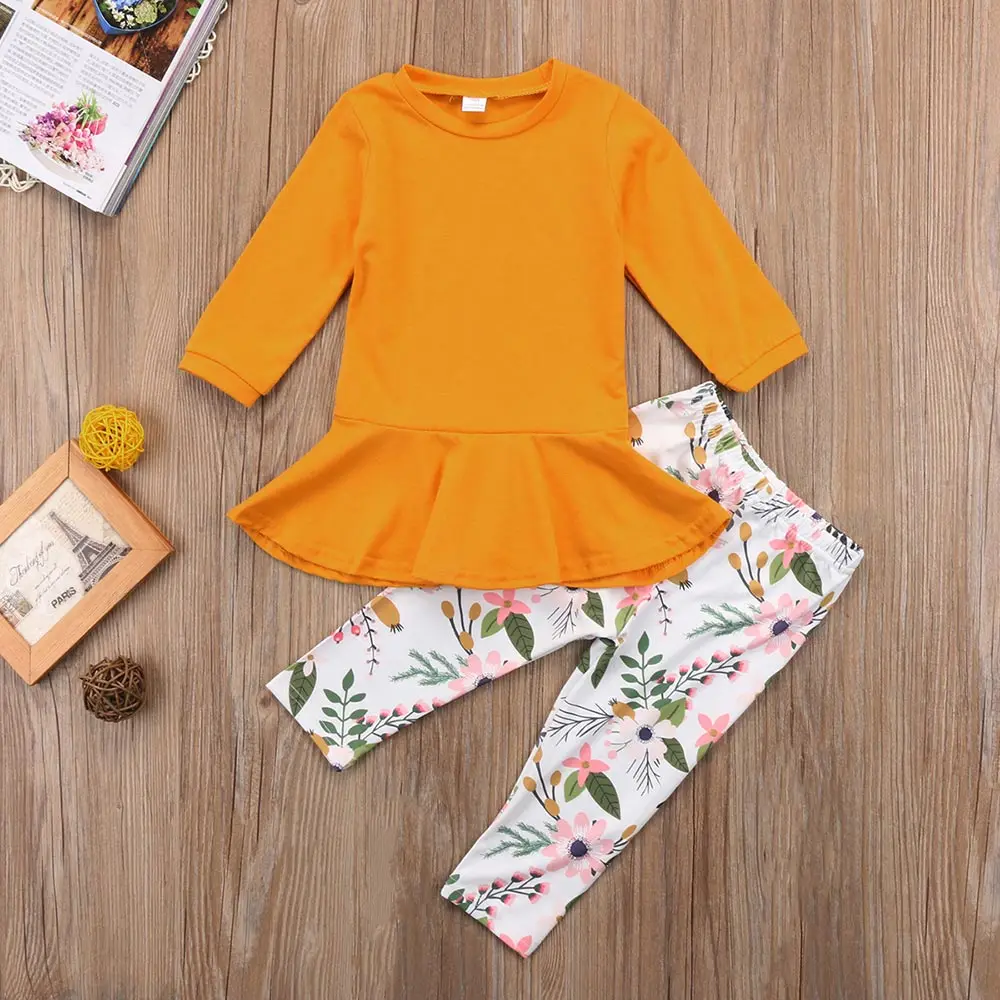L9326 yellow HE Hello Enjoy/комплекты одежды для маленьких девочек Осенняя футболка с длинным рукавом, однотонные топы, платье штаны с цветочным принтом, одежда - Цвет: L9326 yellow