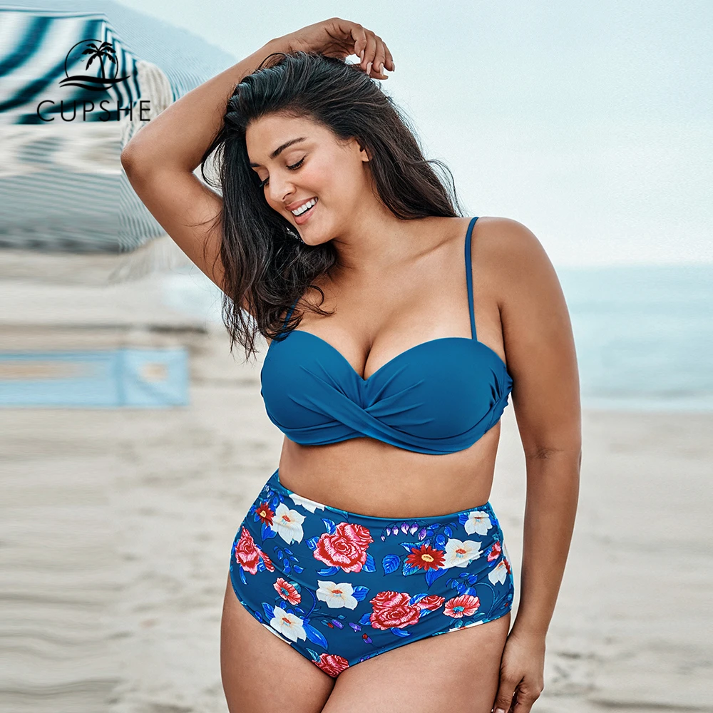 

CUPSHE Plus Size Blue Floral High-waisted Bikini Woman Padded Large Size Two Pieces Swimsuits 2020 Beach Bathing Suits Swimwear