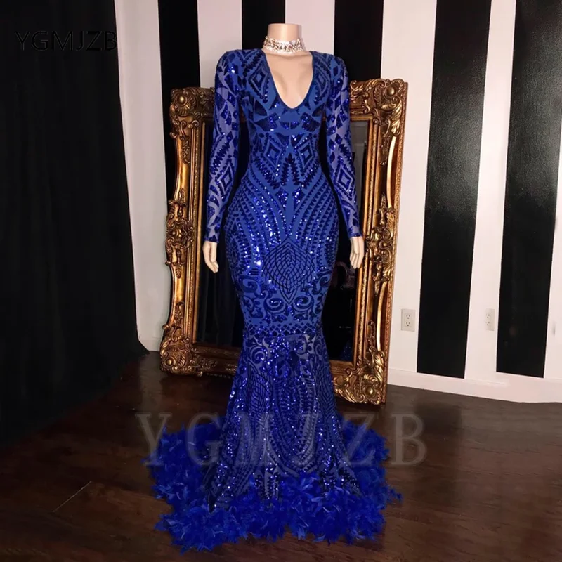 

Blue Sparkly Sequin Prom Dresses Mermaid Long Sleeves V Neck with Feather Black Girl Gala Evening Party Gown Graduation Dress