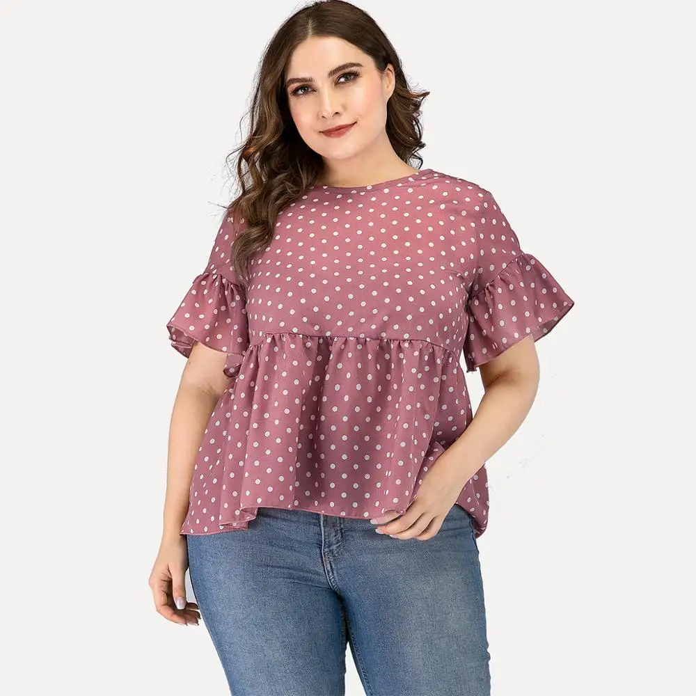 

Amtivaya Woman Plus Size Big Chiffon TopsRound Neck Blouse Polka Dot Printing Ruffled 2020 Summer New Clothes