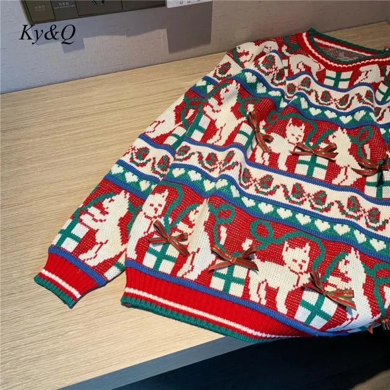Brand Designer Winter Christmas Red Cartoon Cat Embroidered Fashion Sweater Kawaii O-neck Pullover Jumper Women Soft Tops