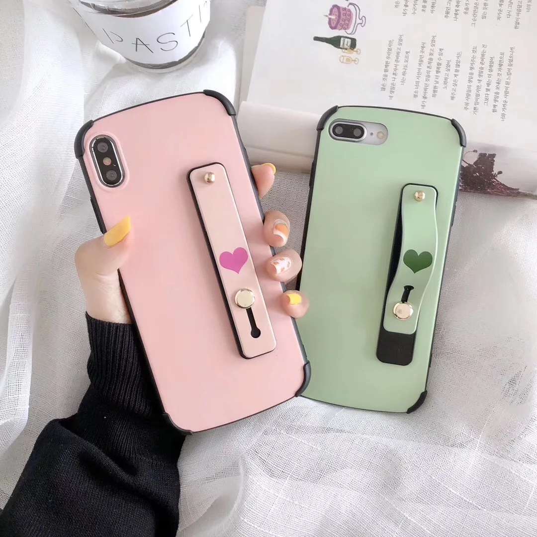 

For iPhone 6 6S 7 8 Plus Simple Candy love Color Wrist Strap Hand Band Holder Soft PC Case For iPhone X XR XS MAX Plain Cover