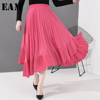 

[EAM] High Elastic Waist Yellow Stitch Asymmetrical Pleated Half-body Skirt Women Fashion Tide New Spring Autumn 2020 1S059