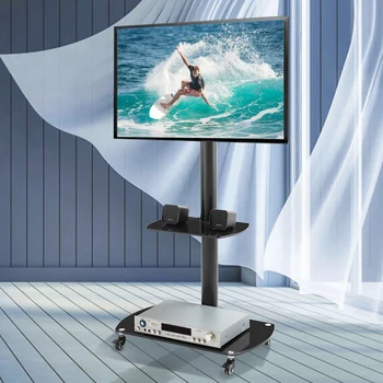 

2 Tier Tempered Glass Monitor Stand Adjustable Multi Tempered Glass Metal Frame Floor With Lockable Wheels Mobile Tv Stands