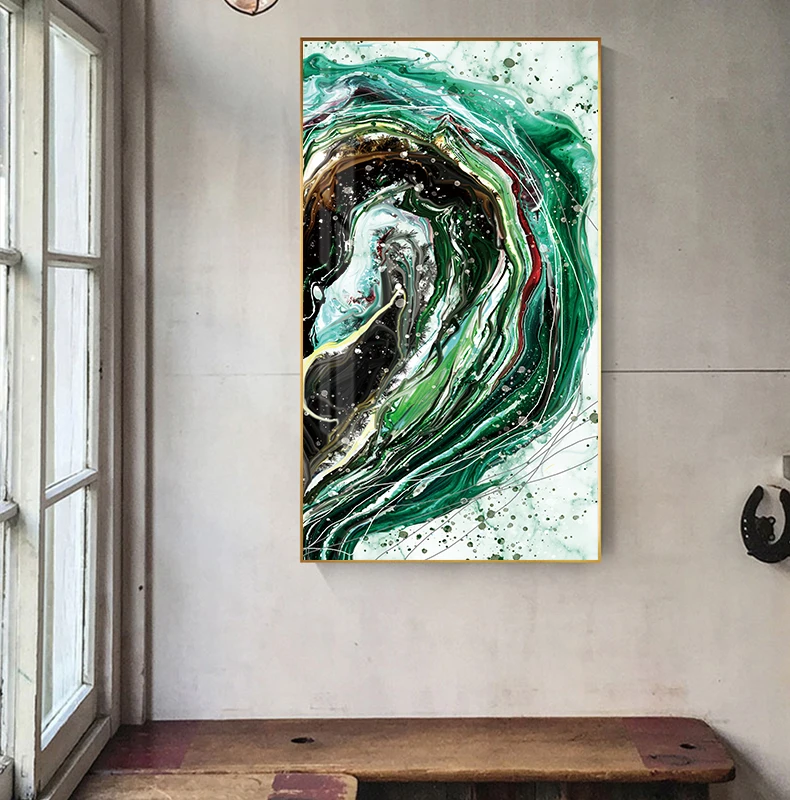 Абстрактное Струящееся зеленое полотно краска ing Современная темно-синяя краска плакат Золотой принт стол для гостиной большая стена искусство куадро