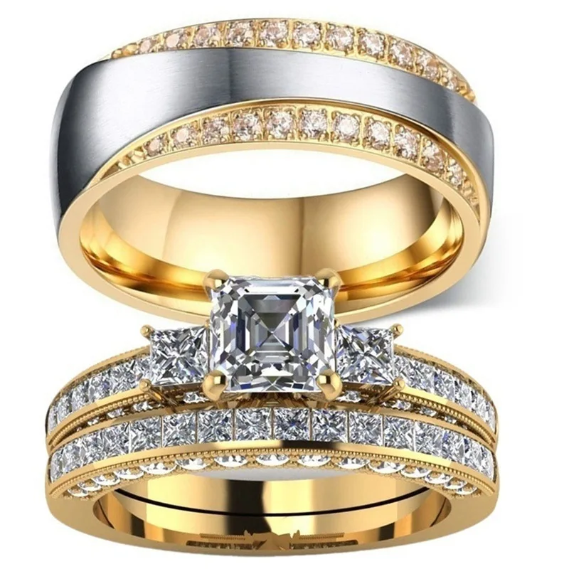 Couple Rings His Her Rhinestone Gold Princess Cut Zircon Women