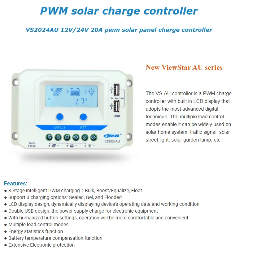EPever VS2024AU 20A 12V 24V автоматическая работа, двойные USB порты зарядки с интеллектуальной функцией ШИМ контроллеры умного дома