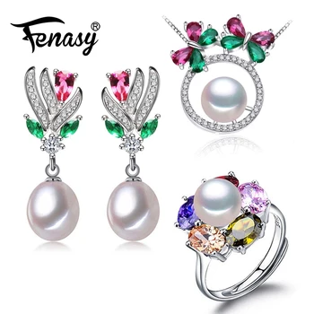 

FENASY 925 Sterling Silver Natural Freshwater Pearl Jewelry Sets for Women Pearl Necklace Ruby Earring ring Idea Gift