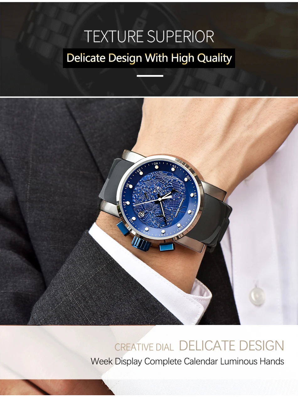 Top Brand Hot Men Quartz Watch PAGANI DESIGN Chinese Dragon Calendar Silicone Strap Multifunction Chronograph Waterproof Watch