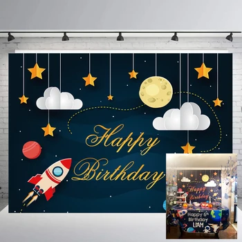 

Astronaut Space theme Backdrop Portrait photography props Happy Birthday Party Background decor Rocket Star Moon Clouds B-397
