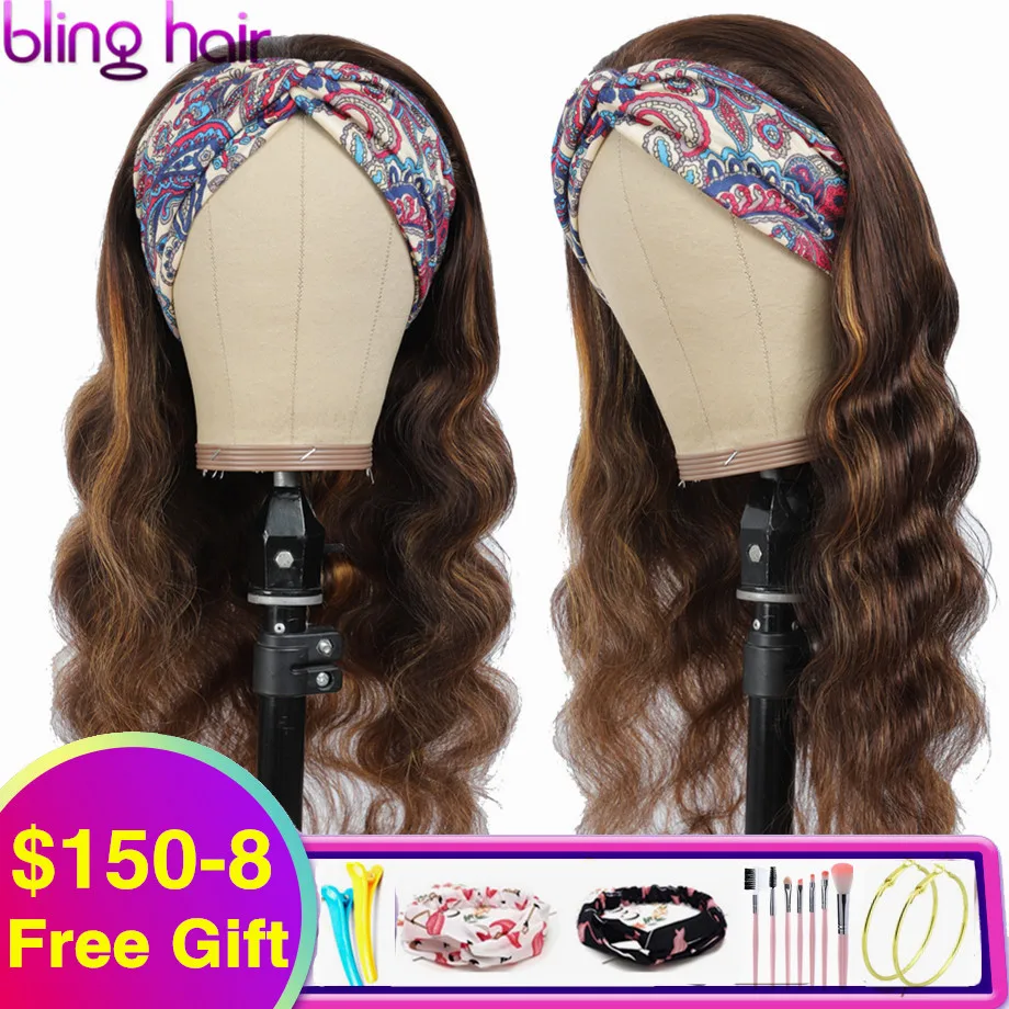 Wig Hair-Headband Highlight Human-Hair Honey Blonde Body-Wave Bling Women Brazilian 